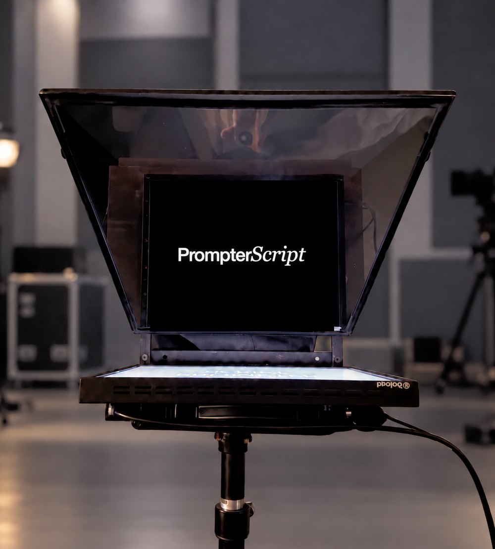 Teleprompter head on a stand in a Los Angeles studio, screen reading PrompterScript, with grip stands and a camera behind