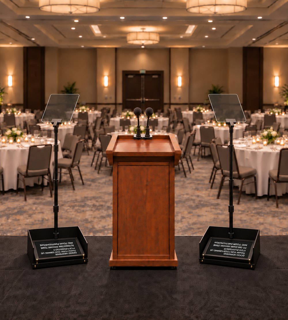 Presidential teleprompter panels either side of a podium at the front of a ballroom stage set for a banquet